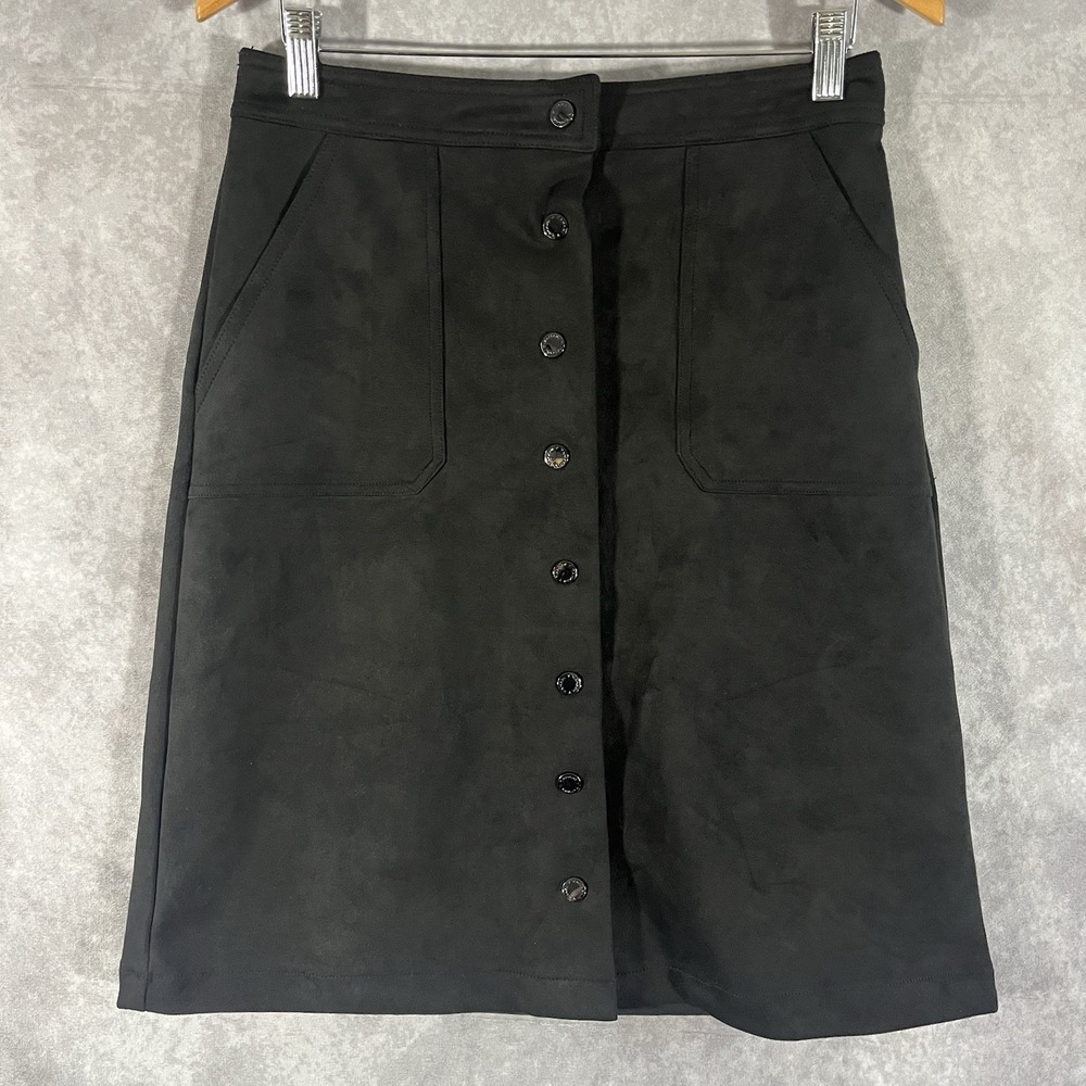 Tahari Skirt Womens Medium Black Faux Suede Button Front Patch Pocket TH14296